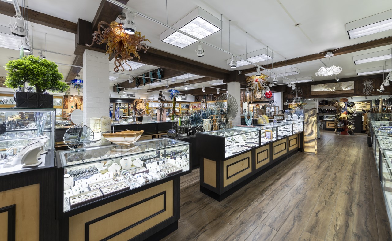 Jewelry cases and blown glass art at Sunrise Jewelry & Gallery