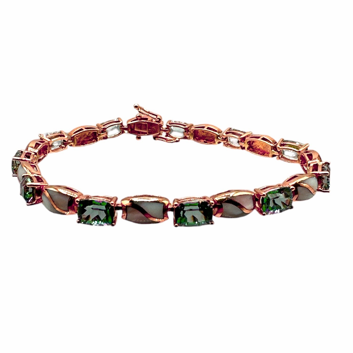 14K rose gold, mystic topaz and mother of pearl channel inlay bracelet