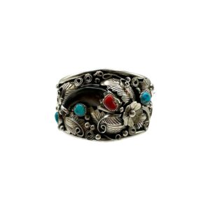 Jerry Thompson Sterling Silver, Turquoise, Coral, & Bear Claw Cuff Bracelet
