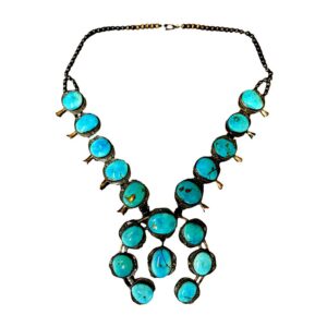 Gilbert Nez Sterling Silver & Sonoran Gold Turquoise Squash Blossom Necklace