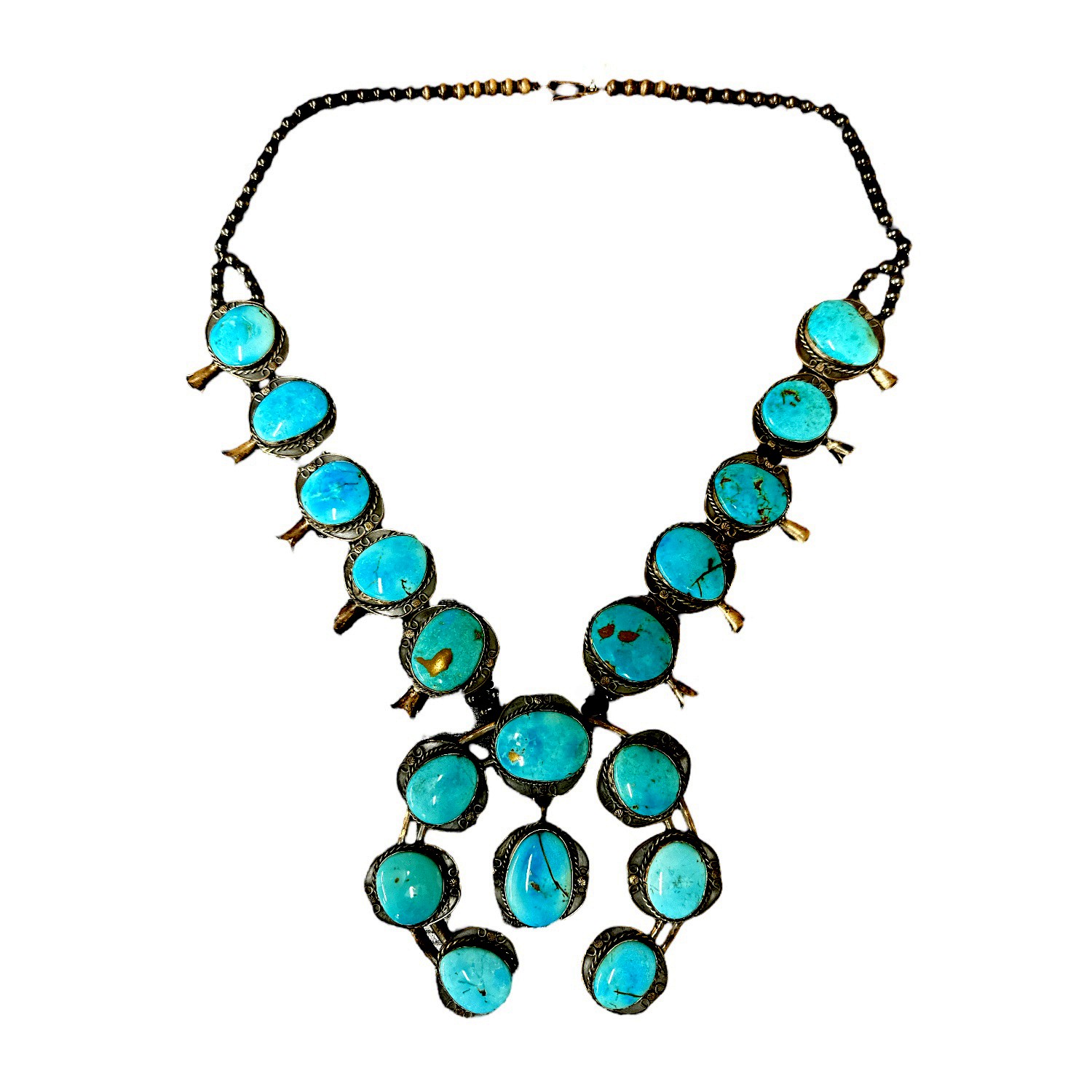 Gilbert Nez Sterling Silver & Sonoran Gold Turquoise Squash Blossom Necklace