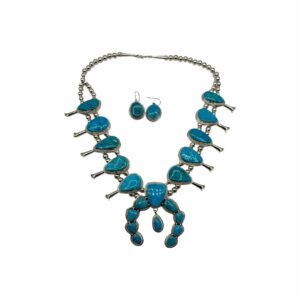 Sterling Silver & Kingman Turquoise Squash Blossom Necklace & Earring Set
