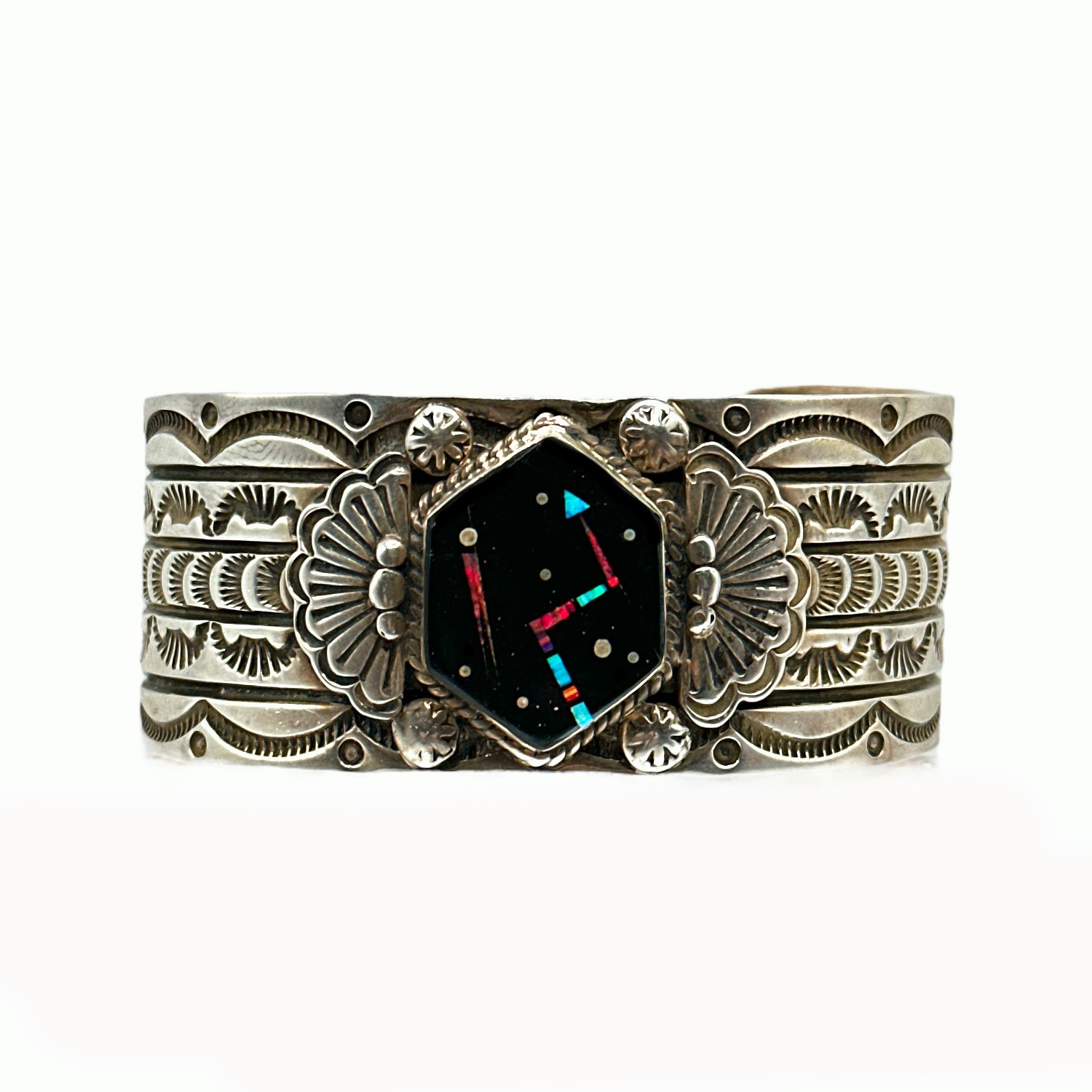 Charles Johnson Sterling Silver Multi-Stone Repousse Cuff Bracelet