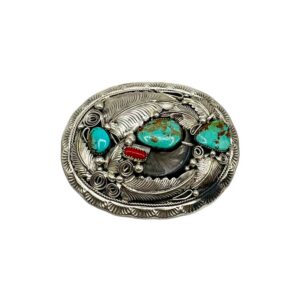 Sterling Silver, Turquoise, Coral & Bear Claw Belt Buckle - M. Thomas Jr.