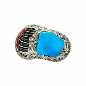 Sterling Silver, Turquoise, Coral & Bear Claw Belt Buckle - M. Thomas Jr.
