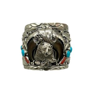Sterling Silver, Turquoise, Coral & Bear Claw Wide Cuff Bracelet