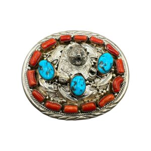 Sterling Silver, Turquoise & Coral Belt Buckle