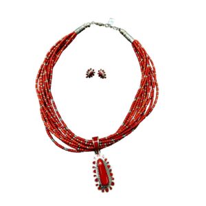 Vernon Haskie Coral & Sterling Silver Multi-Strand Bead Pendant Necklace & Earring Set