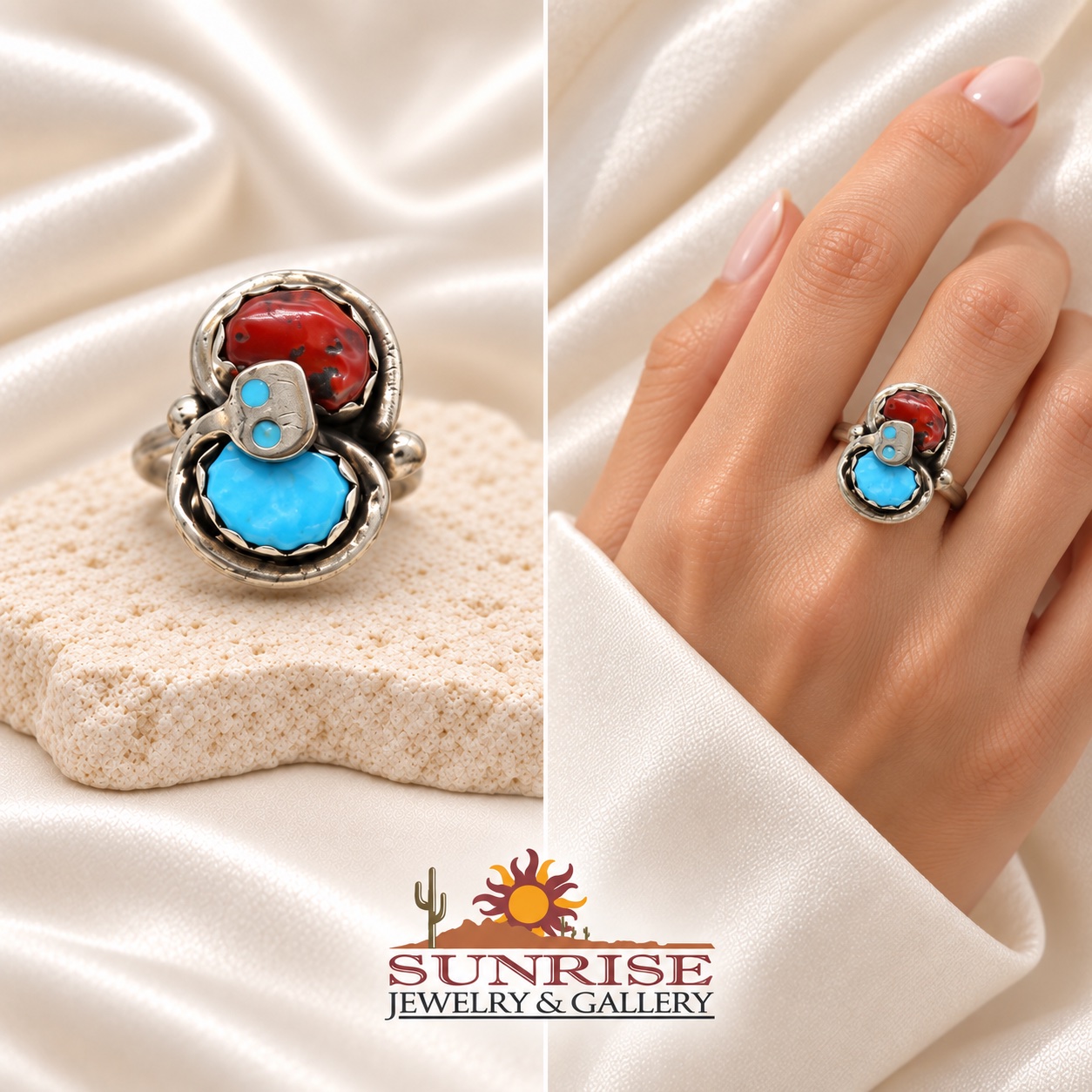 Zuni Effie C. Sterling Silver, Sleeping Beauty Turquoise, & Mediterranean Coral Snake Ring