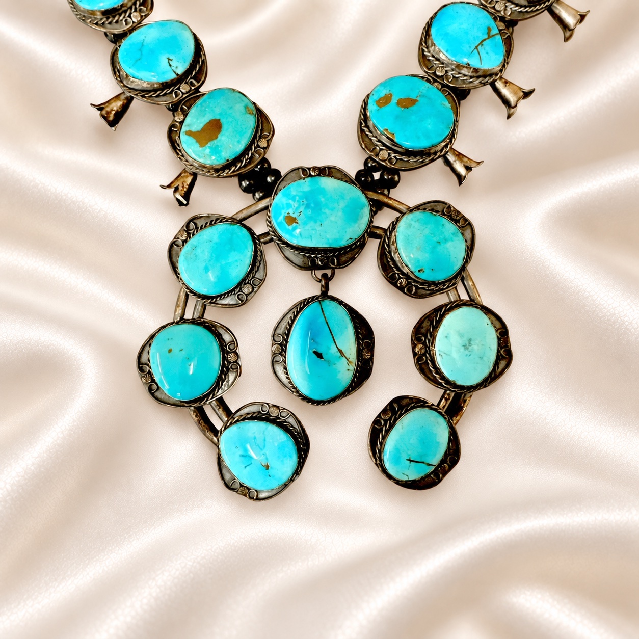 Gilbert Nez Sterling Silver & Sonoran Gold Turquoise Squash Blossom Necklace