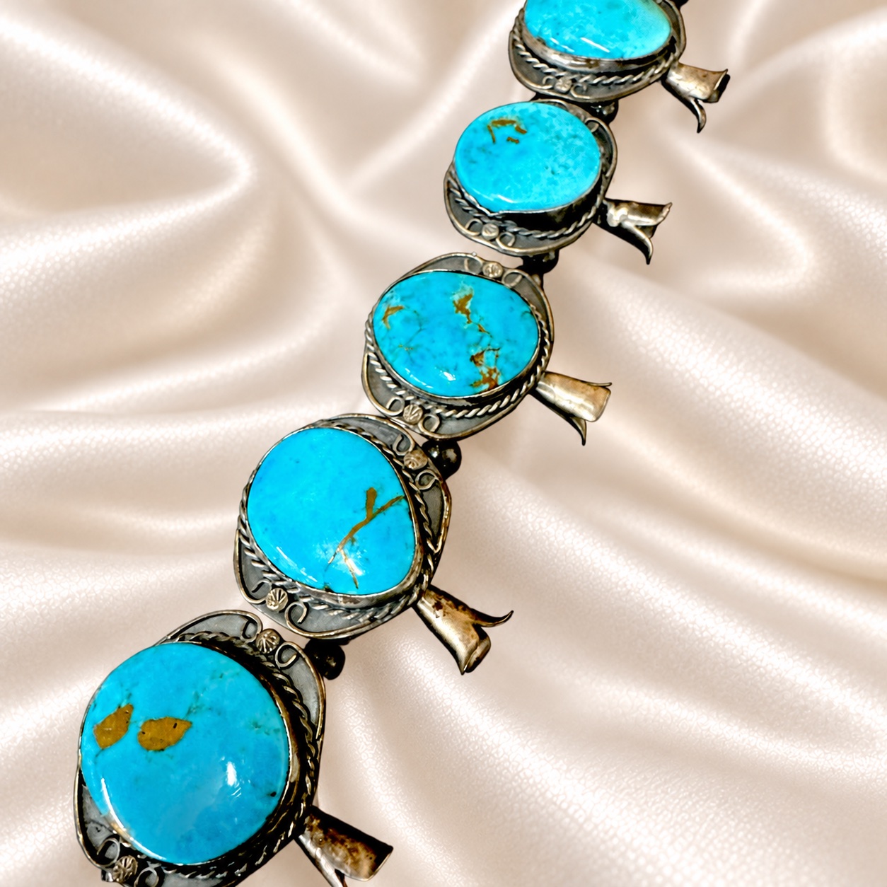 Gilbert Nez Sterling Silver & Sonoran Gold Turquoise Squash Blossom Necklace