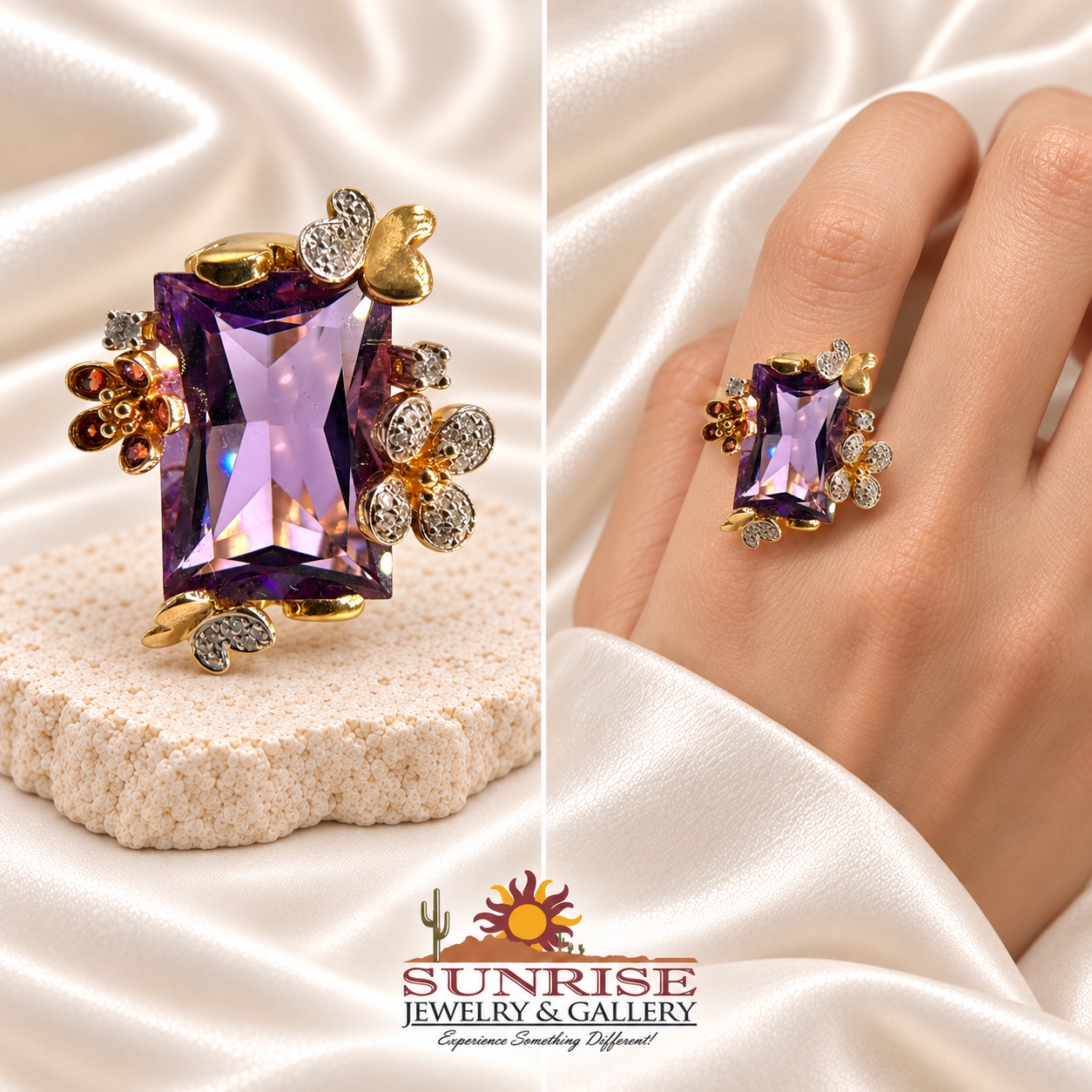 18K Yellow Gold Amethyst, Garnet, & Diamond Ring