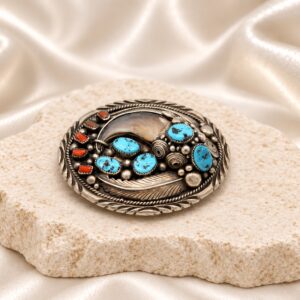 Navajo Sterling Silver, Bearclaw, Kingman Turquoise, & Oxblood Coral Belt Buckle