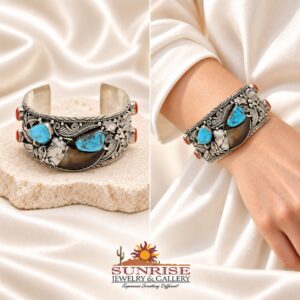 Sterling Silver Kingman Turquoise & Coral Bearclaw Bracelet