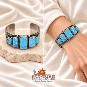 Navajo Sterling Silver 5-stone Kingman Turquoise Wide Cuff Bracelet