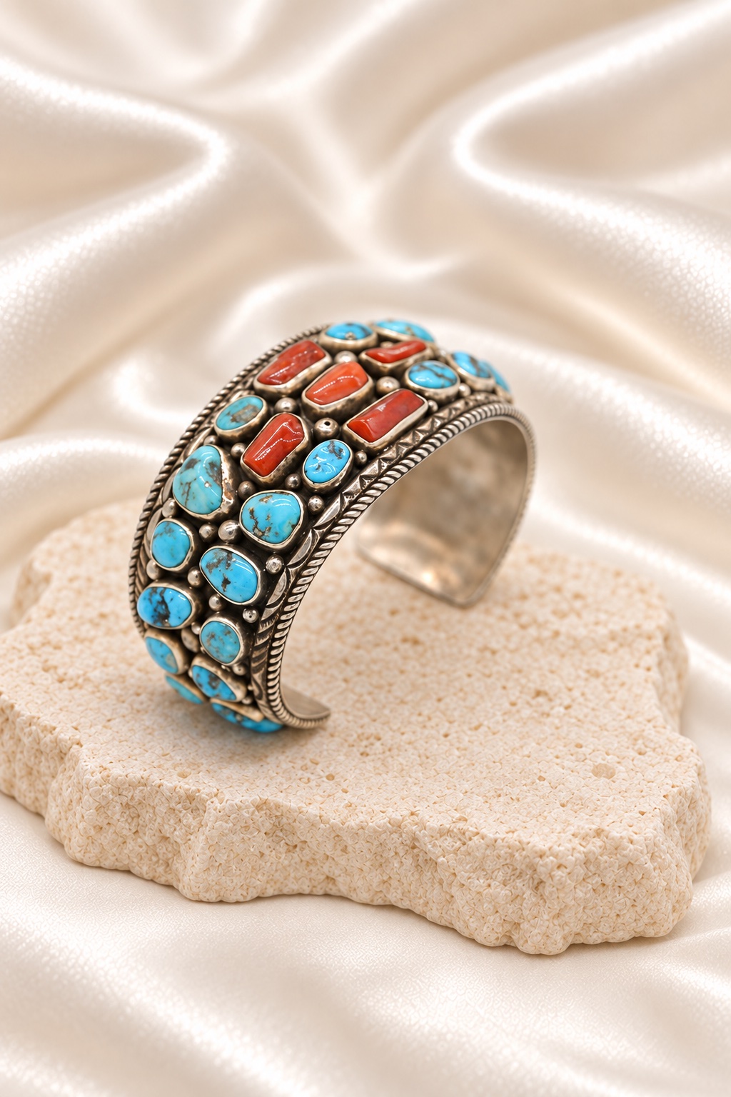 Navajo Sterling Silver Kingman Turquoise & Oxblood Coral Wide Cuff Bracelet