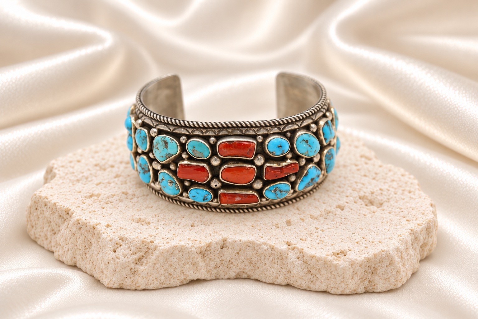 Navajo Sterling Silver Kingman Turquoise & Oxblood Coral Wide Cuff Bracelet
