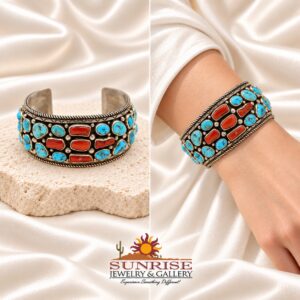 Navajo Sterling Silver Kingman Turquoise & Oxblood Coral Wide Cuff Bracelet