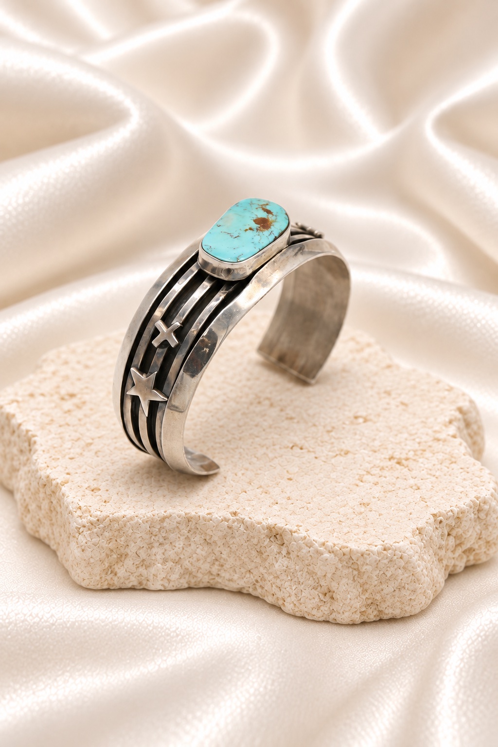 Navajo Sterling Silver & Dry Creek Turquoise Overlay Wide Cuff Bracelet