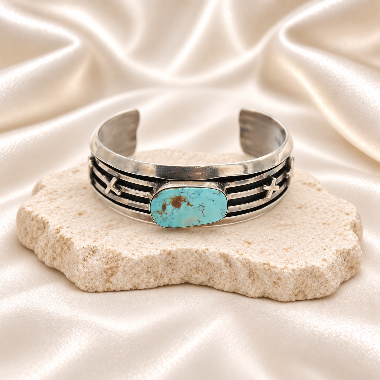 Navajo Sterling Silver & Dry Creek Turquoise Overlay Wide Cuff Bracelet