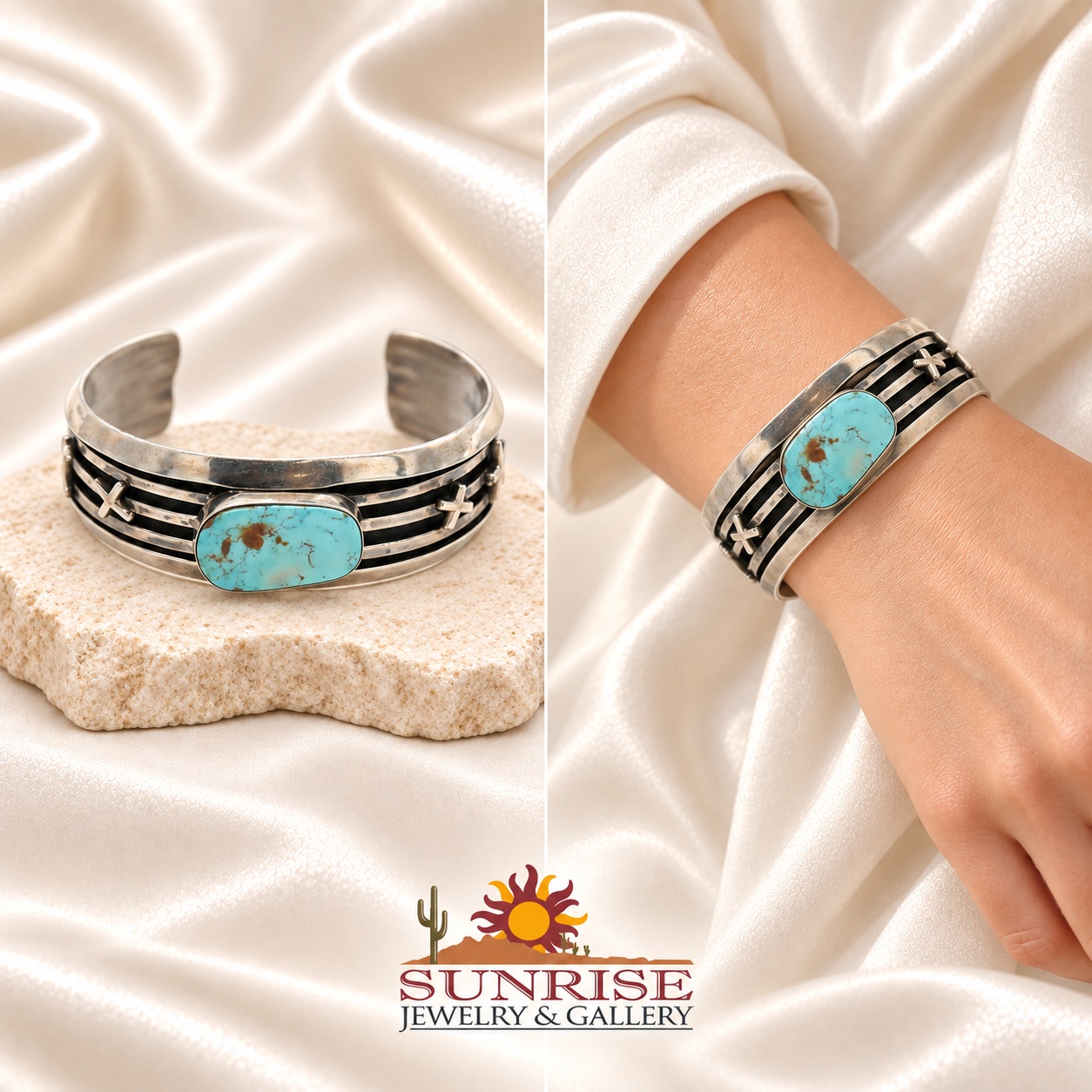 Navajo Sterling Silver & Dry Creek Turquoise Overlay Wide Cuff Bracelet