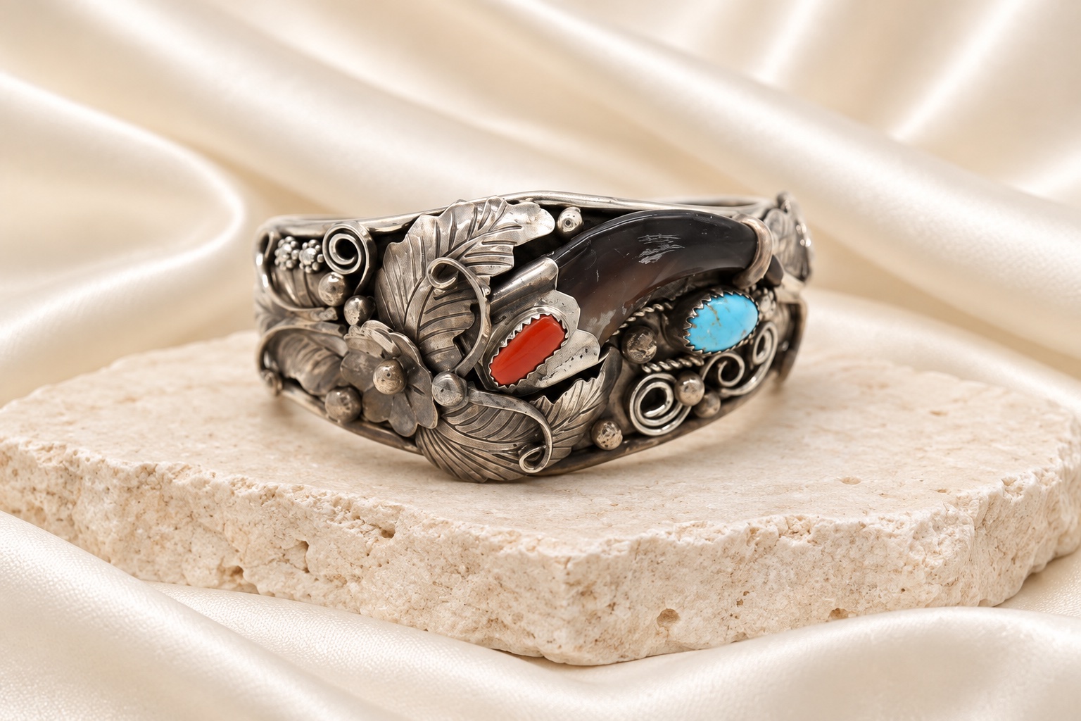 Sterling Silver, Turquoise, Coral, & Bear Claw Cuff Bracelet