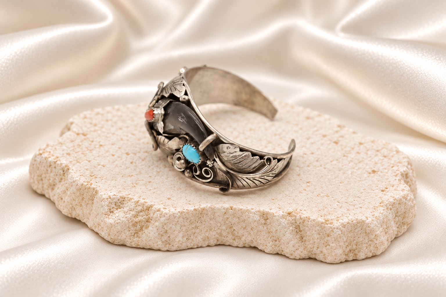 Sterling Silver, Turquoise, Coral, & Bear Claw Cuff Bracelet