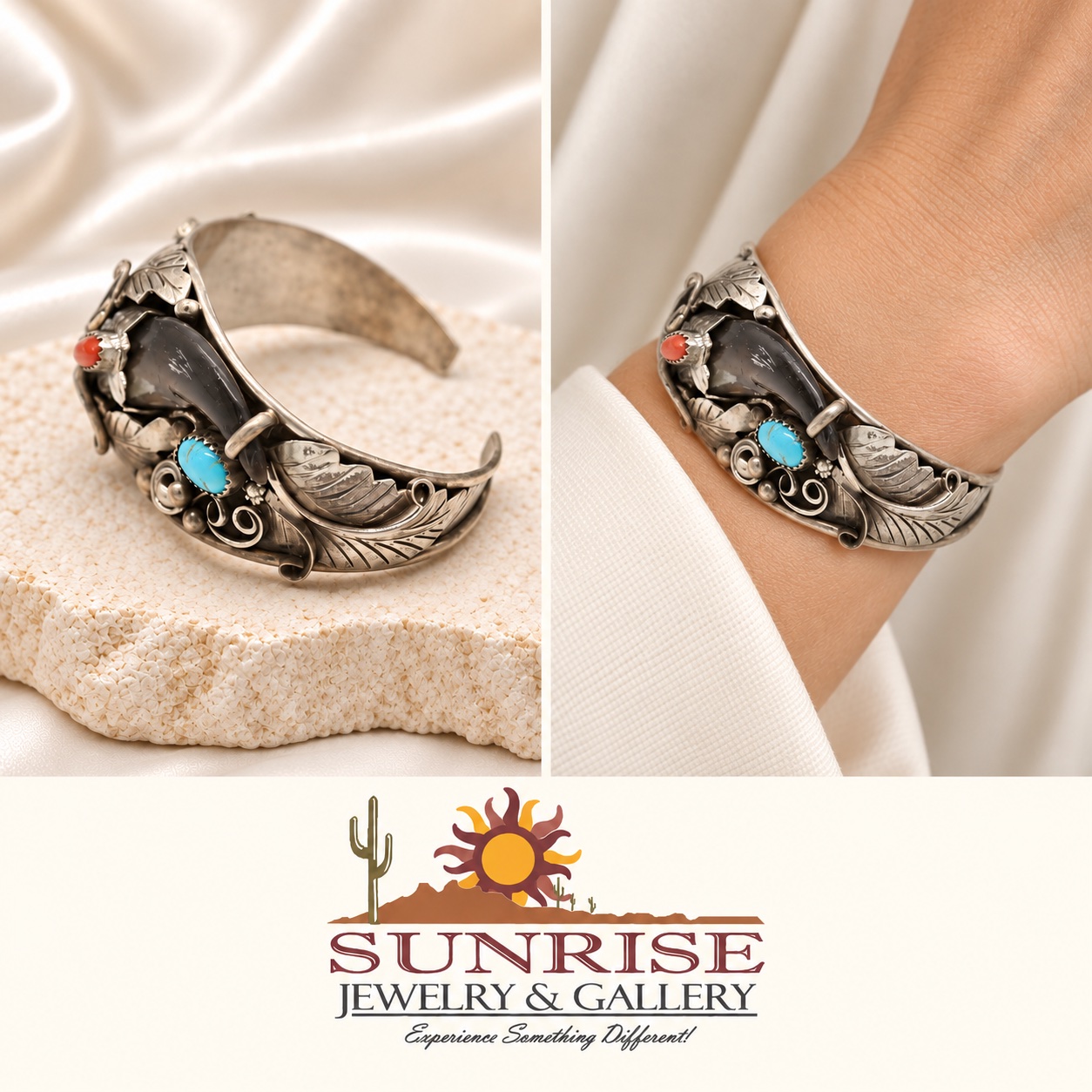 Sterling Silver, Turquoise, Coral, & Bear Claw Cuff Bracelet