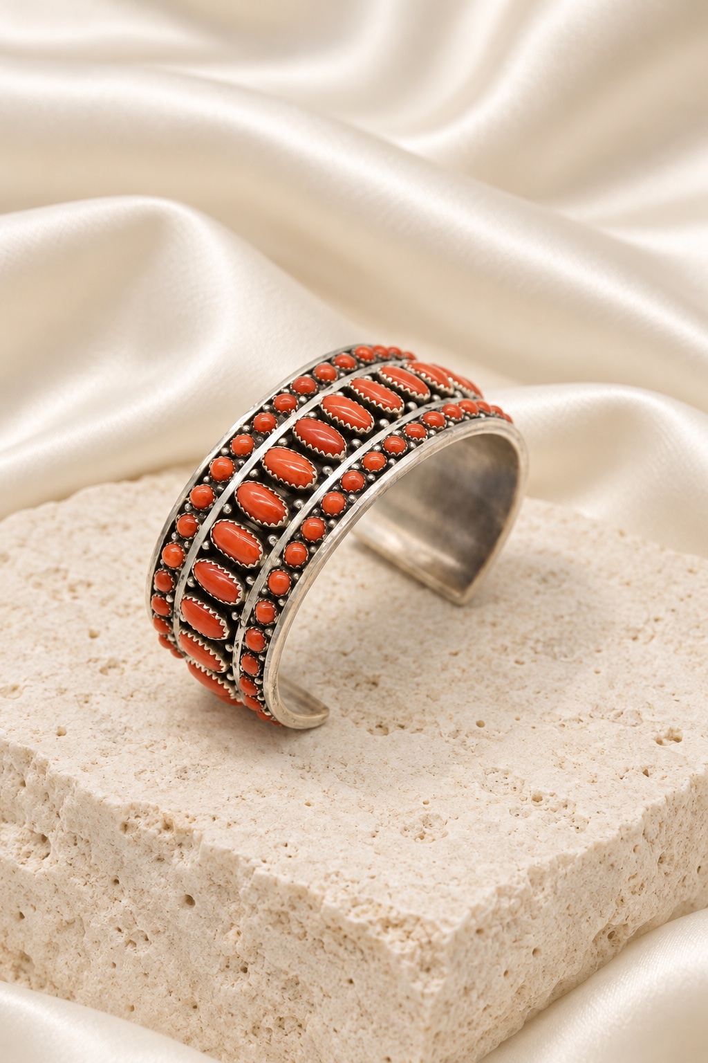 Sterling Silver & Mediterranean Coral Wide Cuff Bracelet