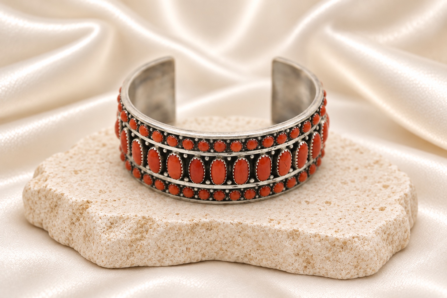 Sterling Silver & Mediterranean Coral Wide Cuff Bracelet