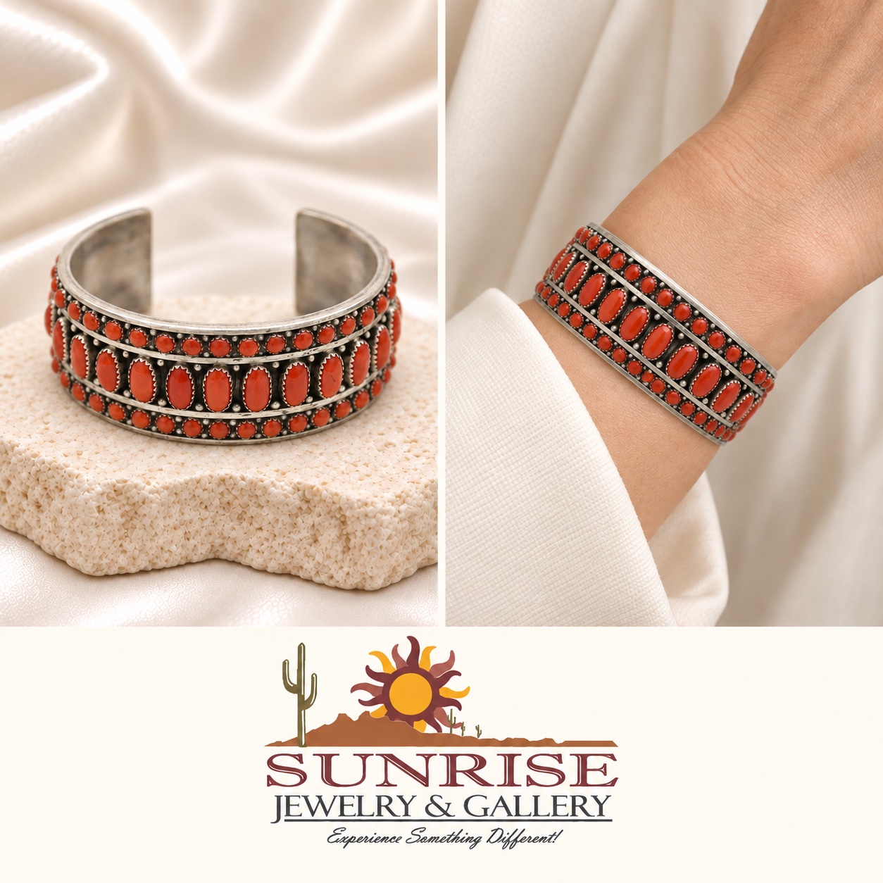 Sterling Silver & Mediterranean Coral Wide Cuff Bracelet