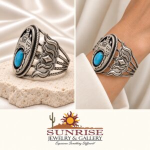 Kingman Turquoise and Engraved Shiny Sterling Silver Cuff Bracelet