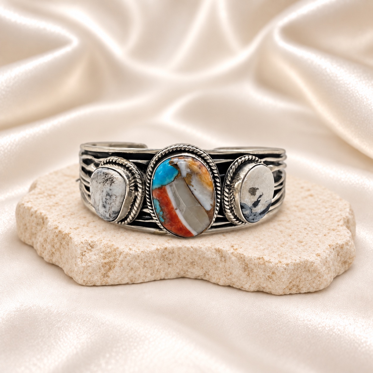 White Buffalo And Multicolor Turquoise On Sterling Silver Cuff Bracelet