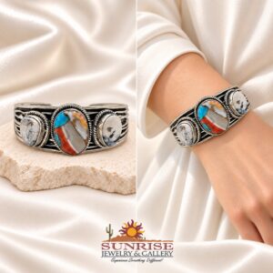 White Buffalo And Multicolor Turquoise On Sterling Silver Cuff Bracelet