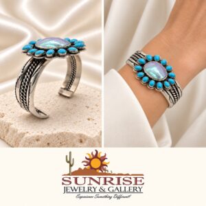 Turquoise Clustered And Smoky mother pearl Shell on Sterling Silver Cuff Bracelet