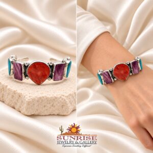 Turquoise, Purple And Orange Spiny Oyster Shell on Sterling Silver Cuff Bracelet