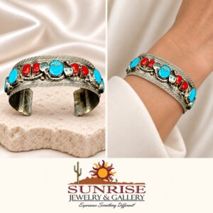 Effie Calavaza Zuni Sterling Silver, Turquoise & Coral Cuff Bracelet