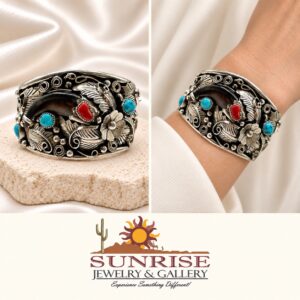Jerry Thompson Sterling Silver, Turquoise, Coral, & Bear Claw Cuff Bracelet