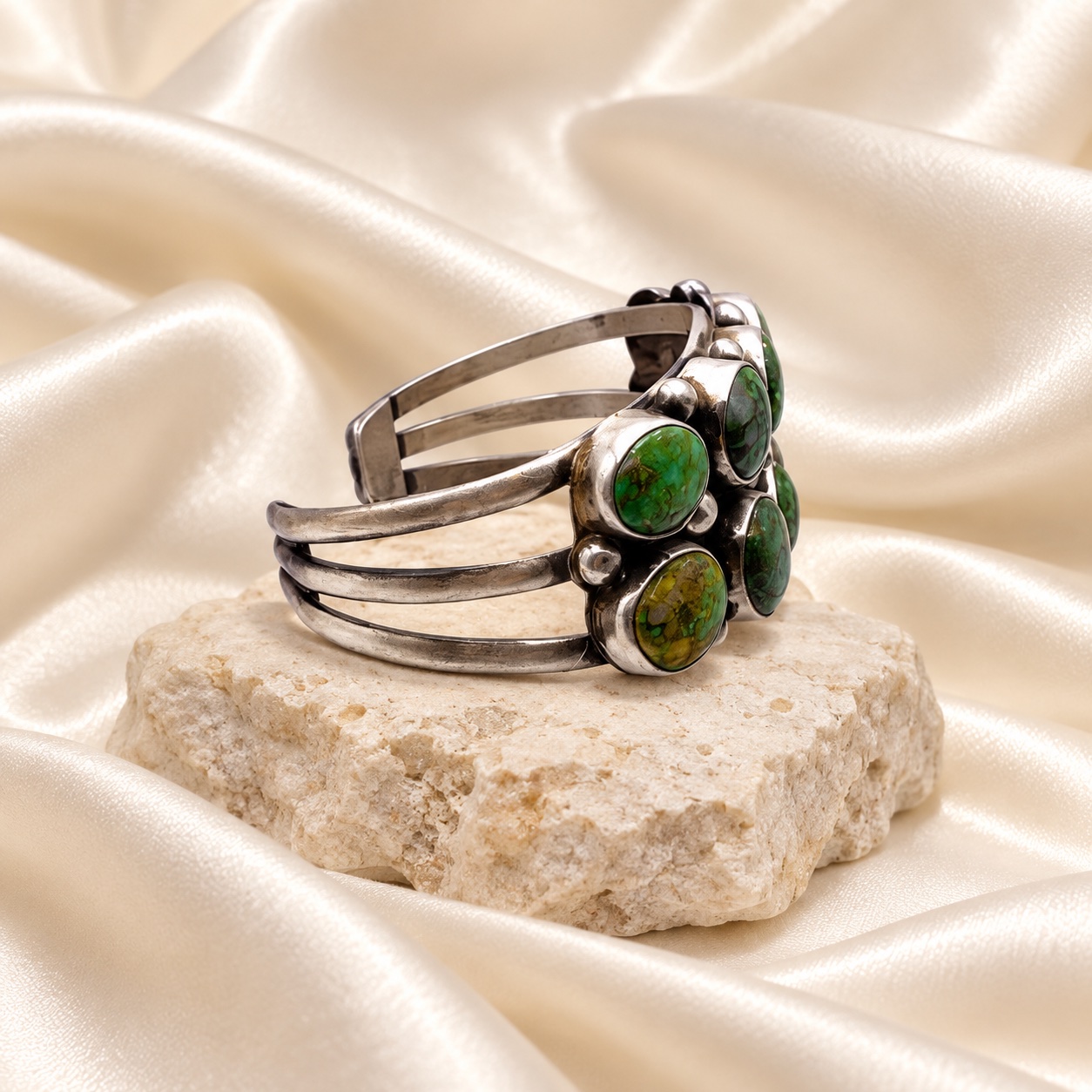 Kathleen Livingston Sterling Silver & Turquoise Tri-Shank Cuff Bracelet
