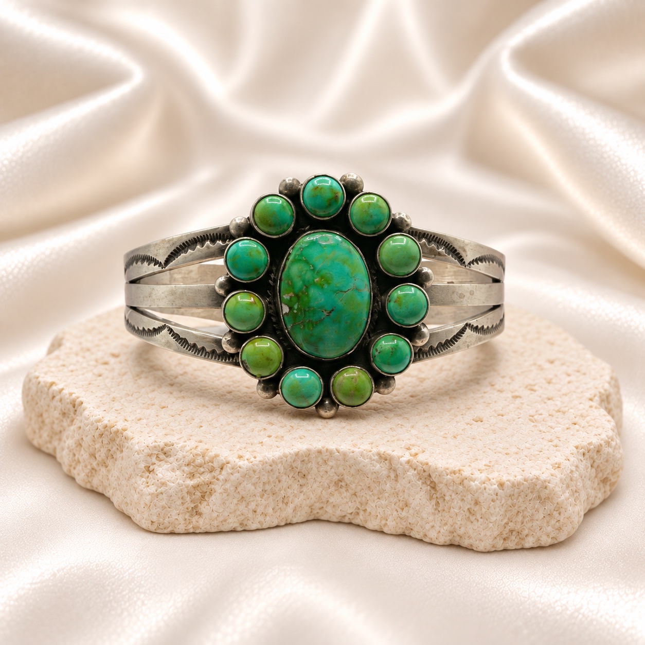 P. Livingston Sterling Silver & Turquoise Tri-Shank Cuff Bracelet