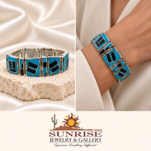 Studio GL Sterling Silver Inlayed Turquoise & Onyx Link Bracelet