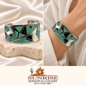 Studio GL Heavy Gauge Sterling Silver, Opal, & Onyx Inlay Cuff Bracelet