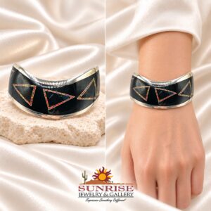 Studio GL Heavy Gauge Sterling Silver, Onyx, & Opal Inlay Cuff Bracelet