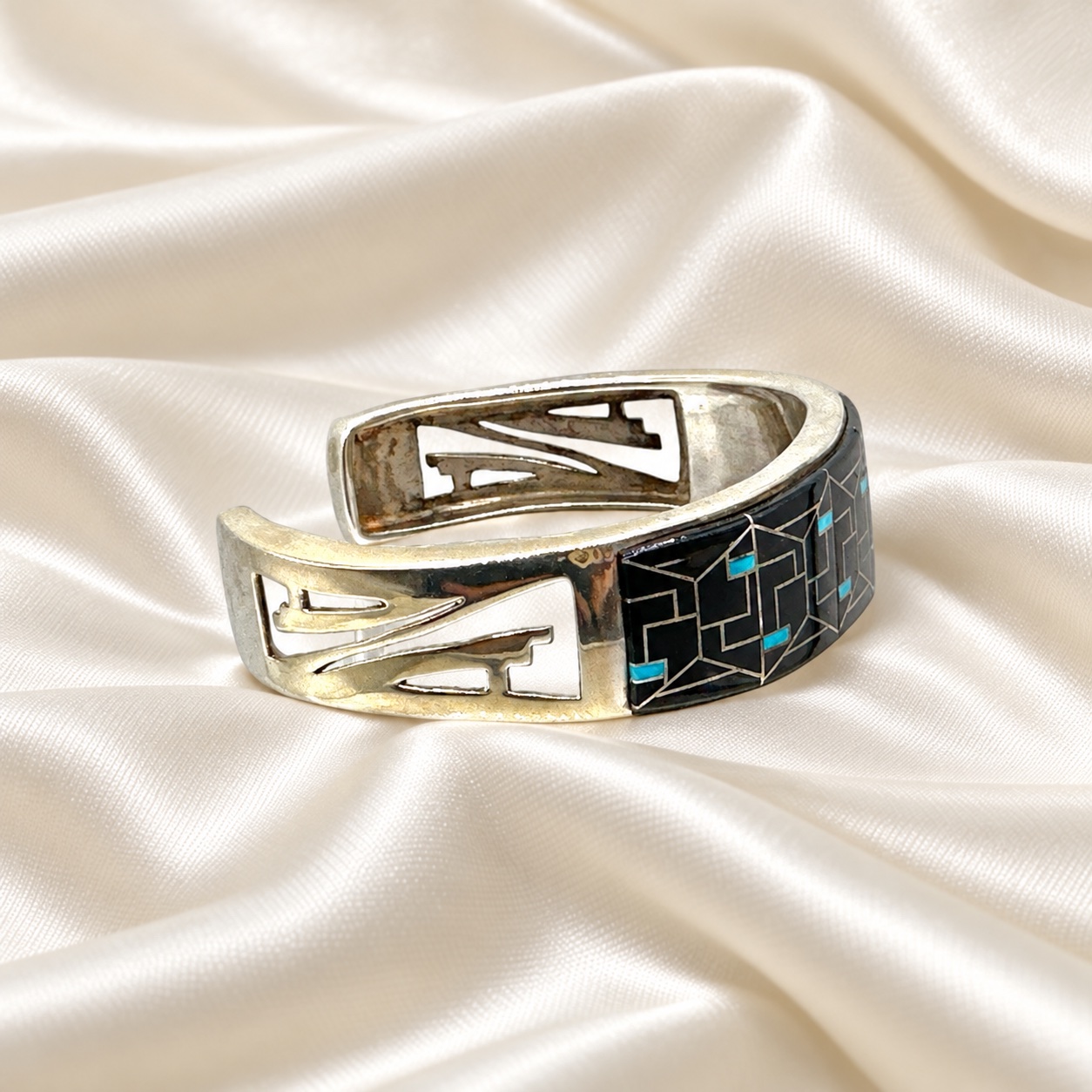 Studio GL Heavy Gauge Sterling Silver, Onyx, & Turquoise Inlay Cuff Bracelet