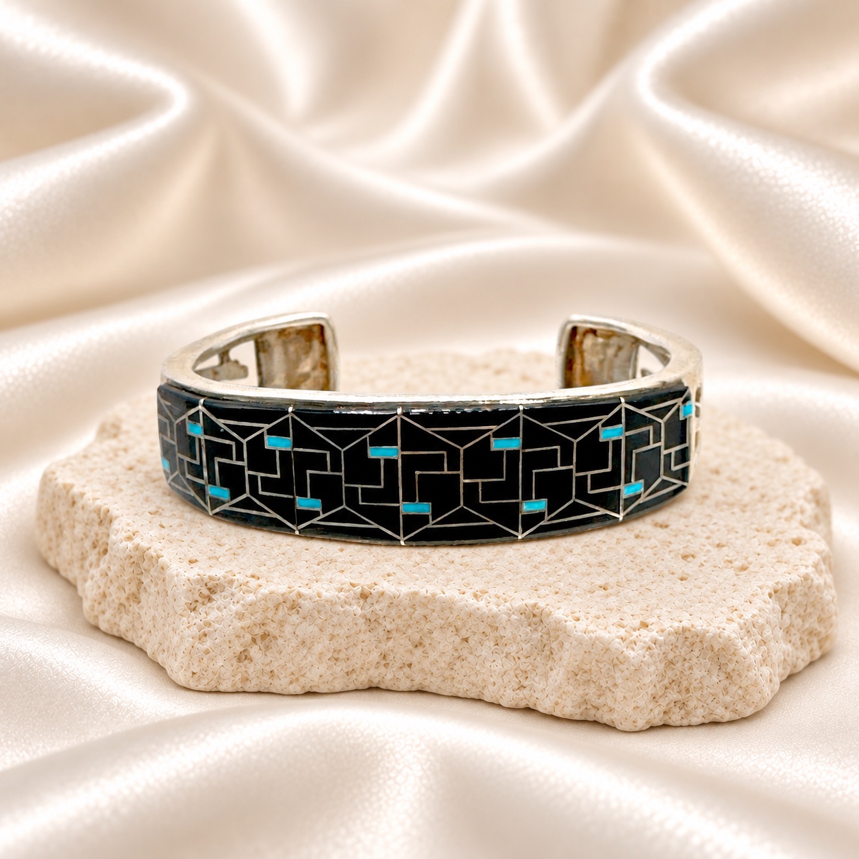 Studio GL Heavy Gauge Sterling Silver, Onyx, & Turquoise Inlay Cuff Bracelet