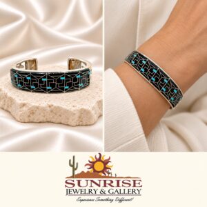 Studio GL Heavy Gauge Sterling Silver, Onyx, & Turquoise Inlay Cuff Bracelet