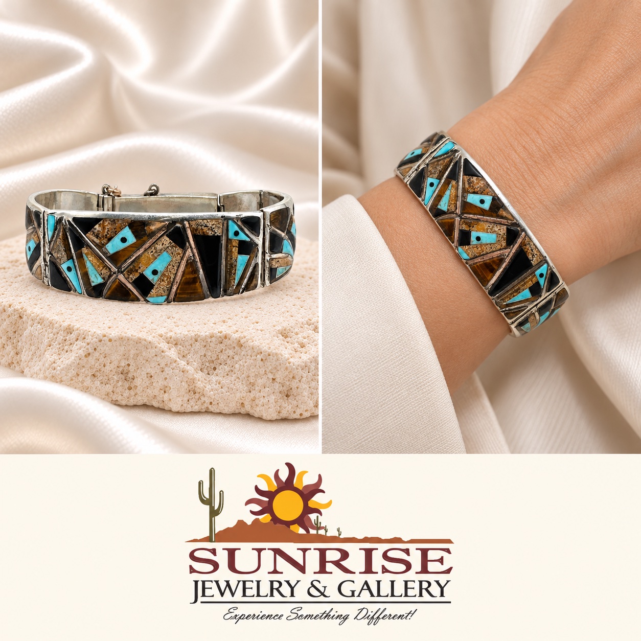 Studio GL Sterling Silver & Multi Stone Inlay Link Bracelet