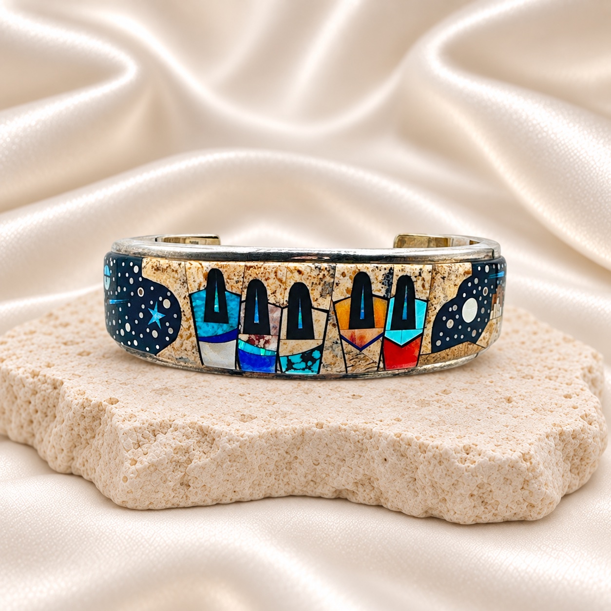 Fred Begay Sterling Silver Multi-Stone Inlay Cuff Bracelet