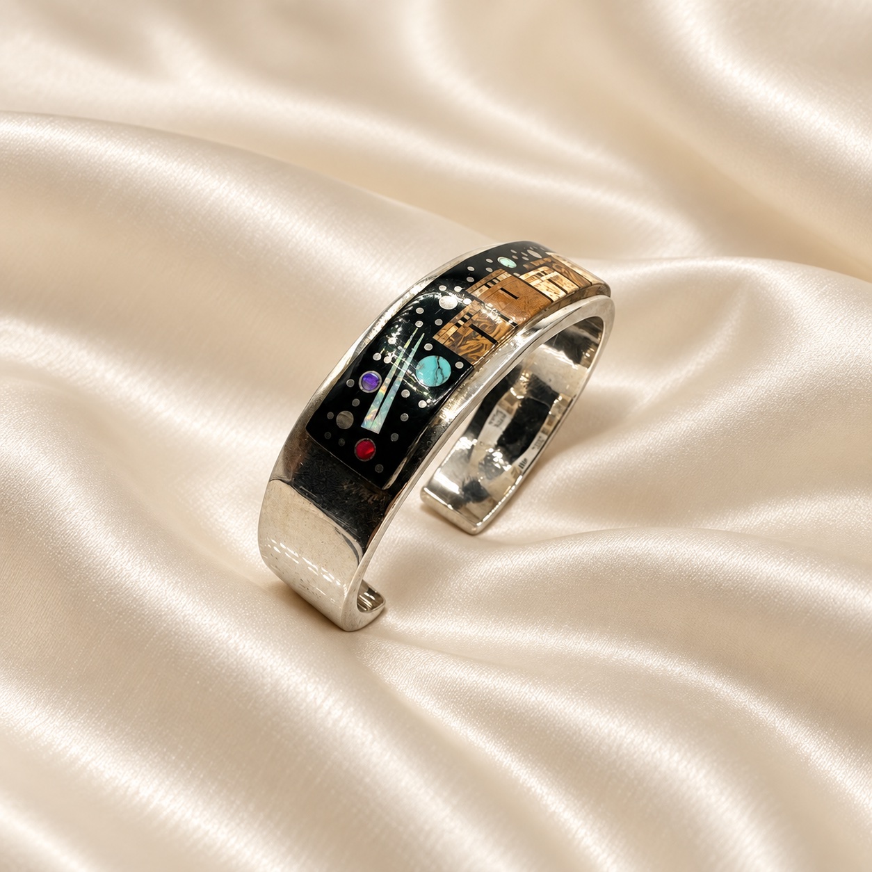 A Touch Of Santa Fe Sterling Silver Multi-Stone Micro Inlay Cuff Bracelet