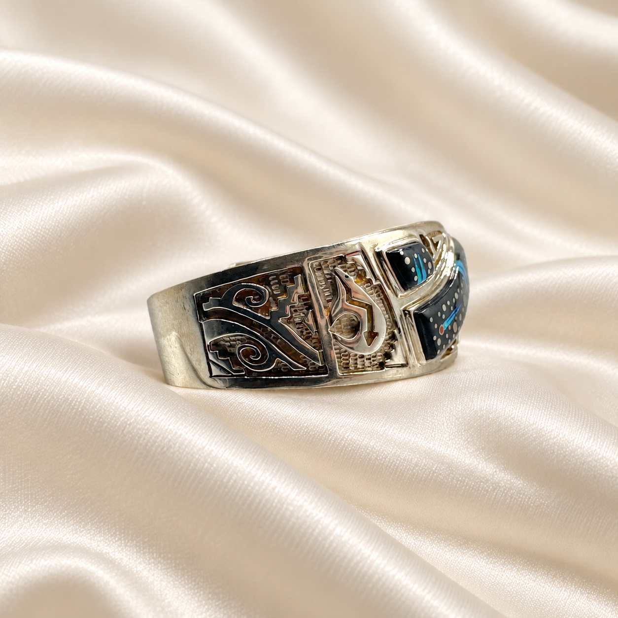Fred Begay Sterling Silver Multi-Stone Inlay Cuff Bracelet